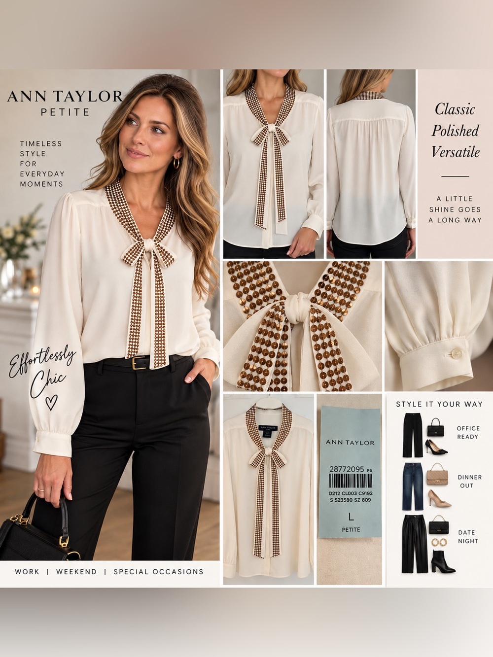 Ann Taylor Petite Ivory Bronze Sequin Trim Blouse Large LP NWT